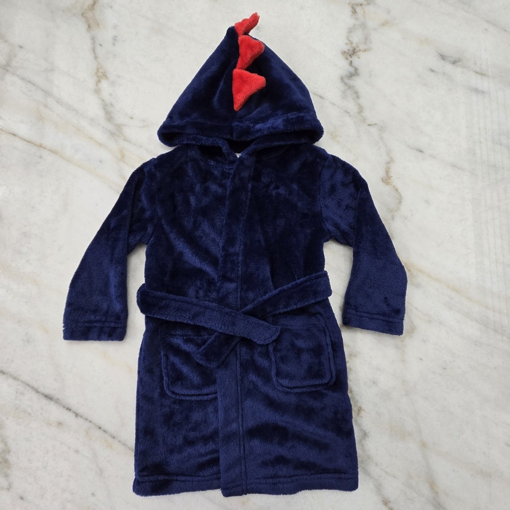 Okie Dokie Cozy Fleece Bath Robe Boys‎ 2T Hooded Dinosaur Themed w/Pockets Blue